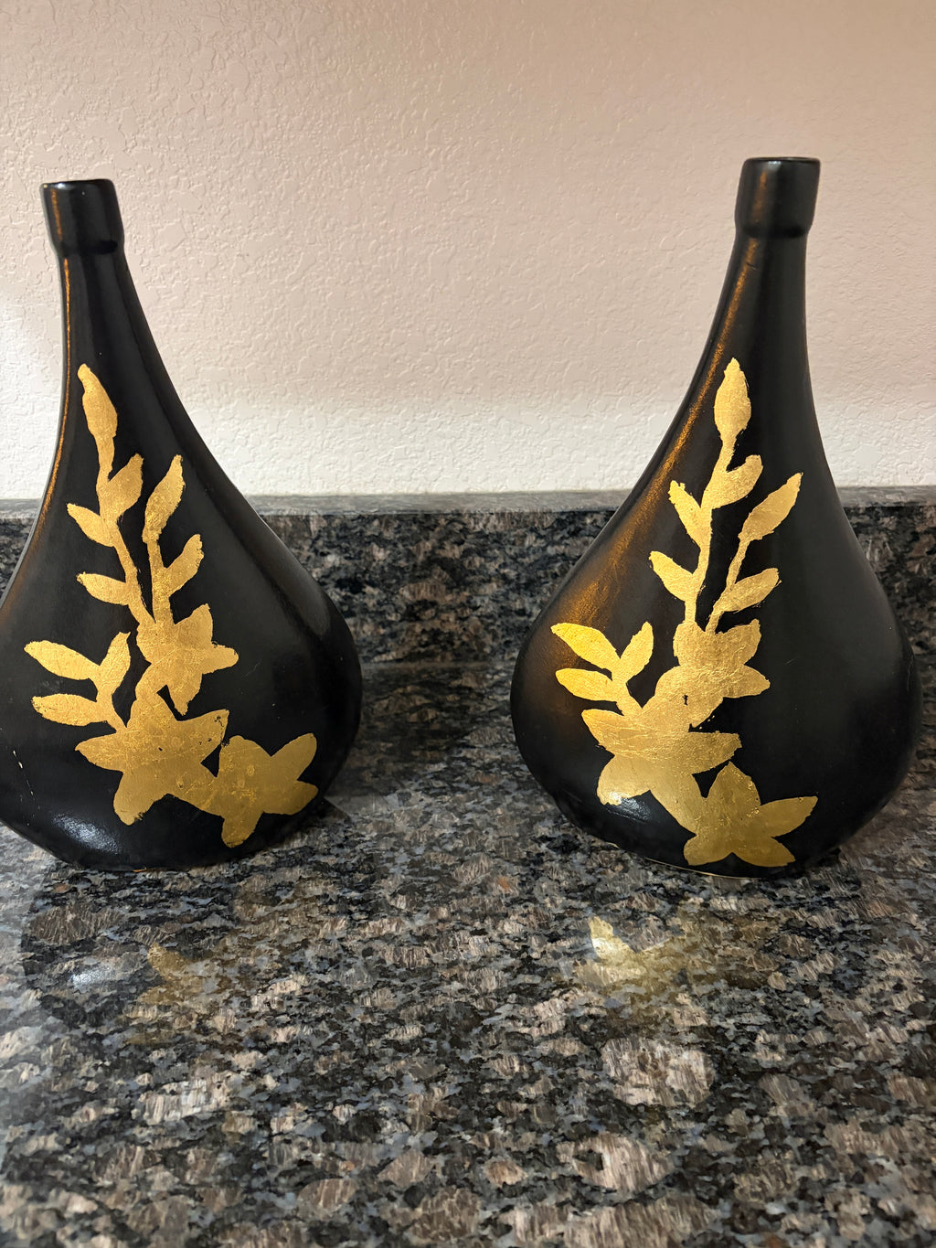 Matching Black & Gold Pair of Decorative Pottery Vases.