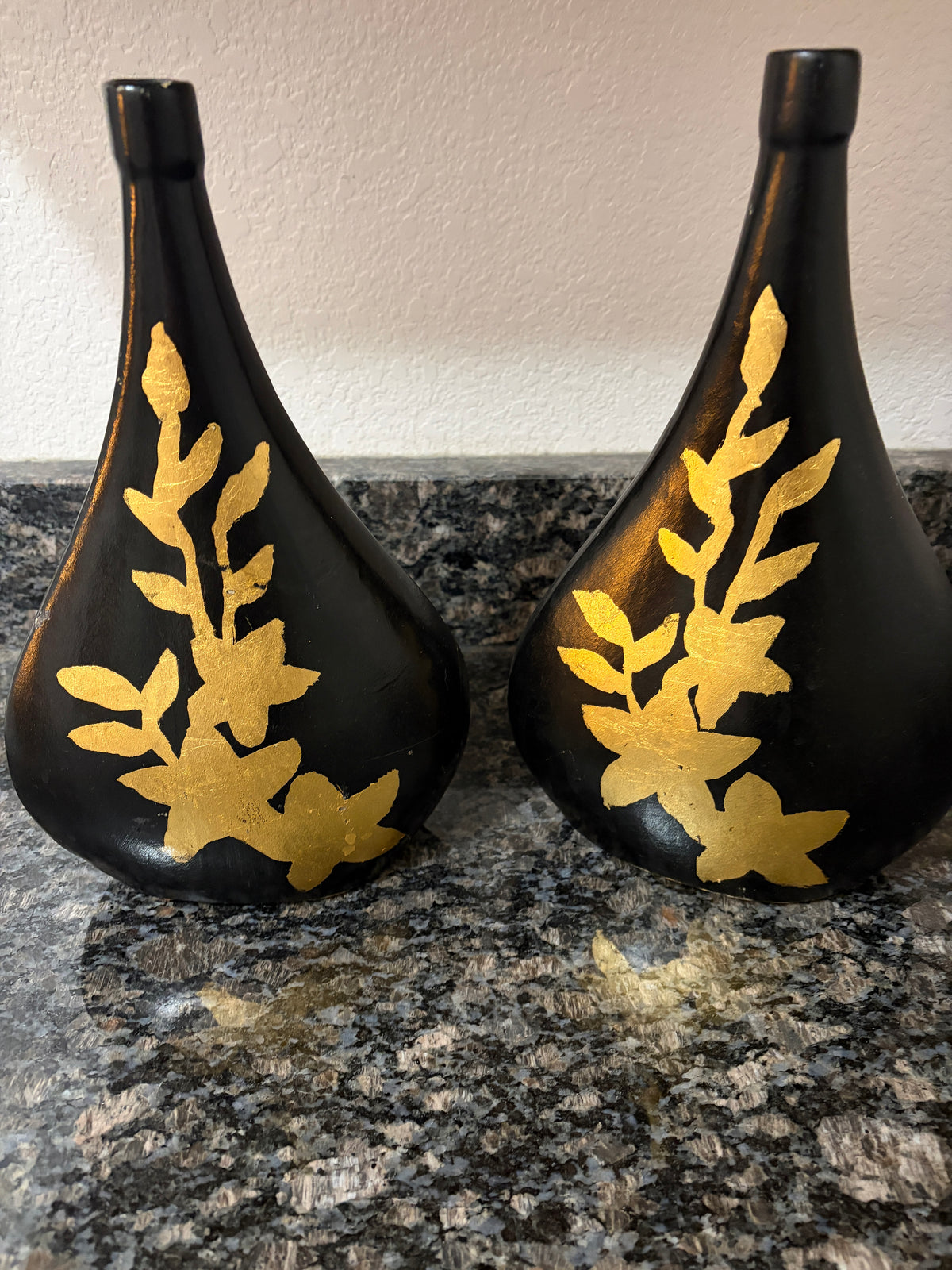 Matching Black & Gold Pair of Decorative Pottery Vases.