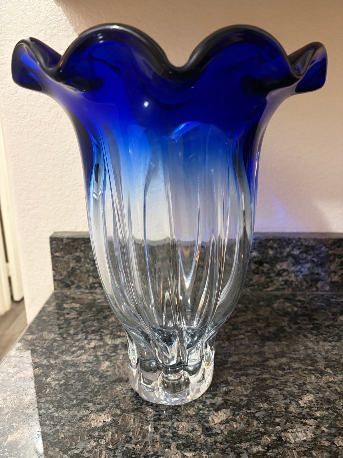 Elegant, Vintage Cobalt, Blue Art, Glass Ripple Vase.