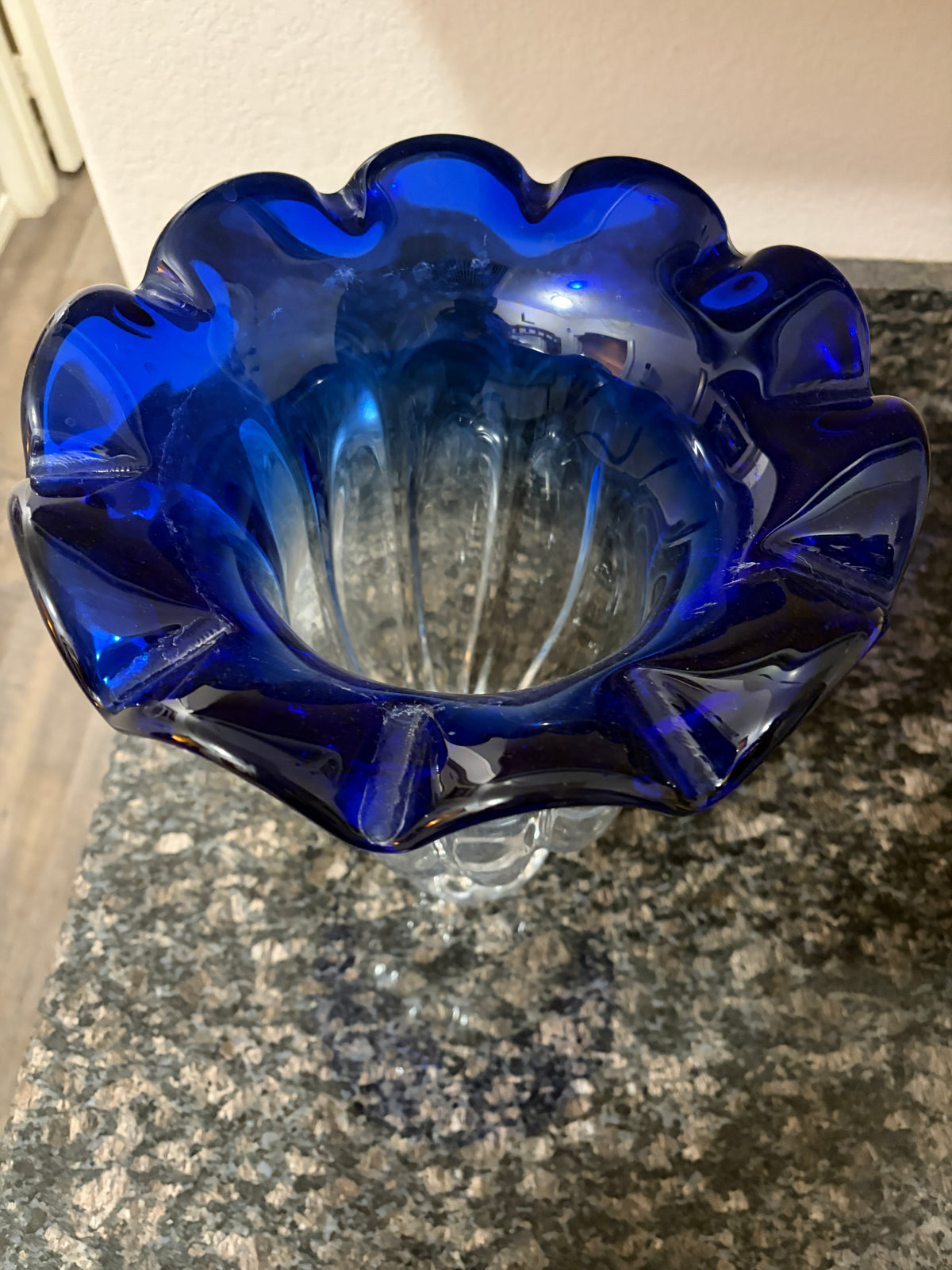 Elegant, Vintage Cobalt, Blue Art, Glass Ripple Vase.