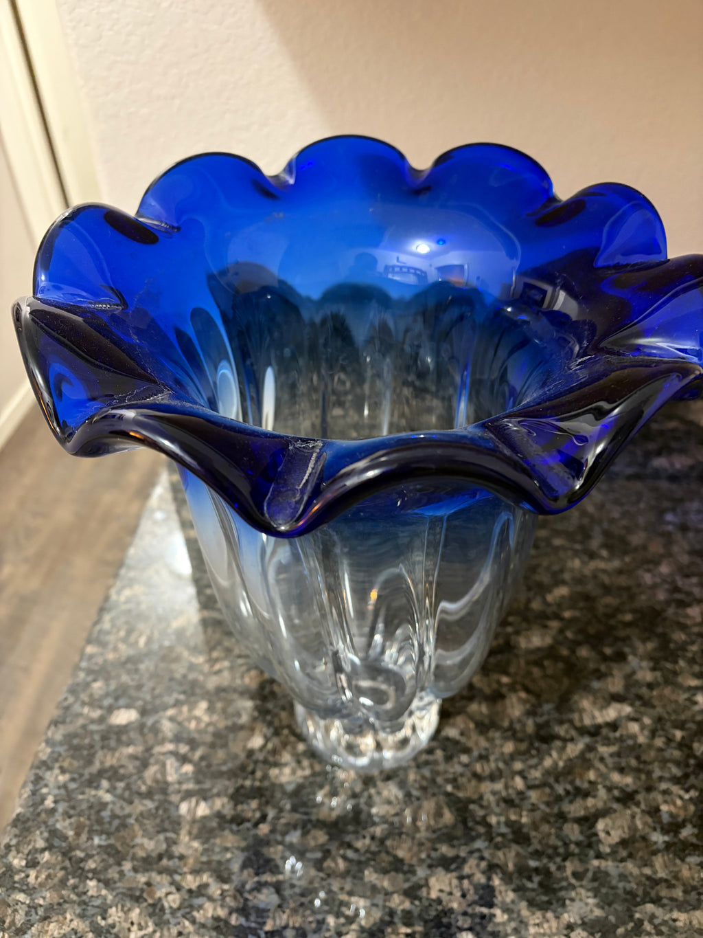Elegant, Vintage Cobalt, Blue Art, Glass Ripple Vase.